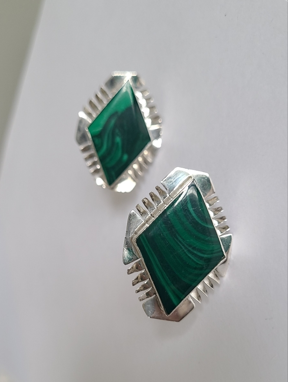 Vintage Taxco Sterling Silver Boho Green Malachite Gemstone Clip On Earrings